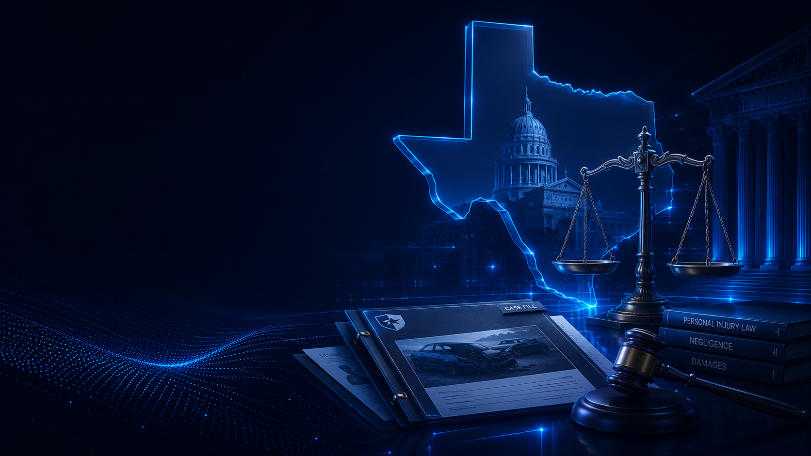 Texas personal injury legal operations with courthouse, scales, case file, and Texas outline